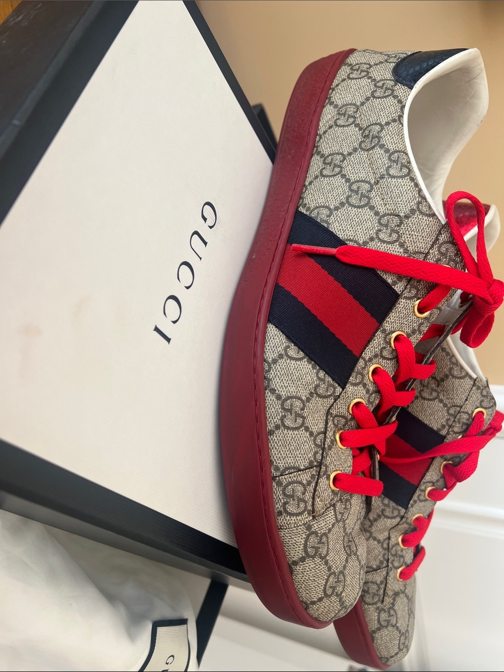 Gucci Beige GG Supreme Canvas Sneakers with Red Accents and Navy Stripe